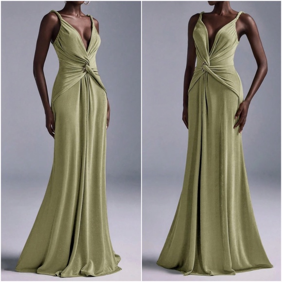 Solid Plunging Neck Twist Detail Party Evening Formal Wedding Dress - Picture 9 of 9